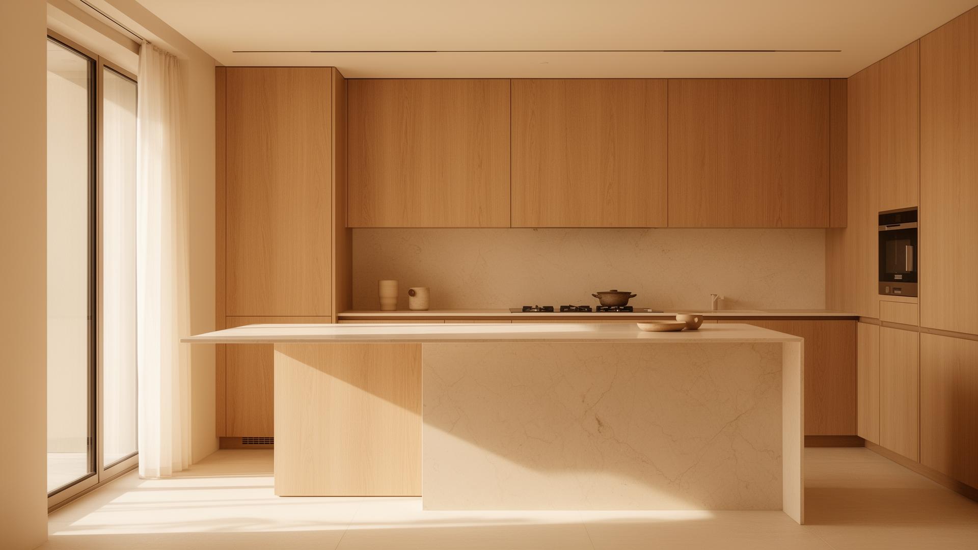 Custom warm-toned kitchen with oak cabinetry and marble island
